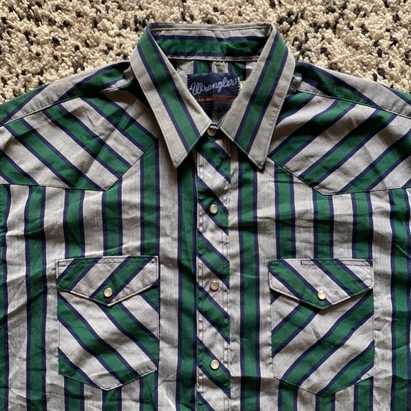Vintage Wrangler Long Tail Mens Snap Button Western Grey Green Blue Stripe Shirt - Picture 5 of 13